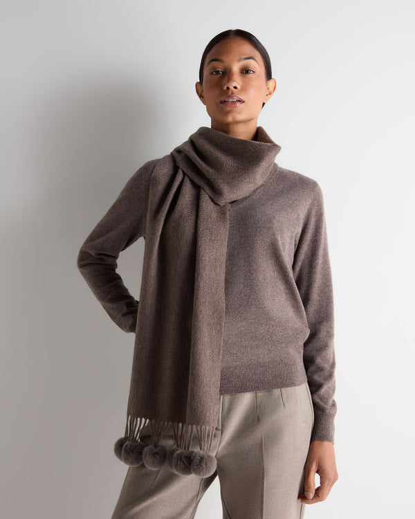 N.Peal Women's Davos Fur Bobble Cashmere Scarf Otter Brown