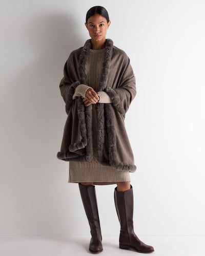 N.Peal Women's Meribel Woven Fur Trim Cashmere Shawl Otter Brown
