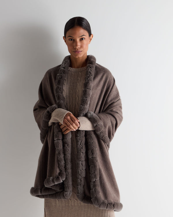 N.Peal Women's Meribel Woven Fur Trim Cashmere Shawl Otter Brown