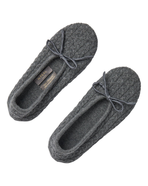 N.Peal Women's Cable Cashmere Slippers Elephant Grey
