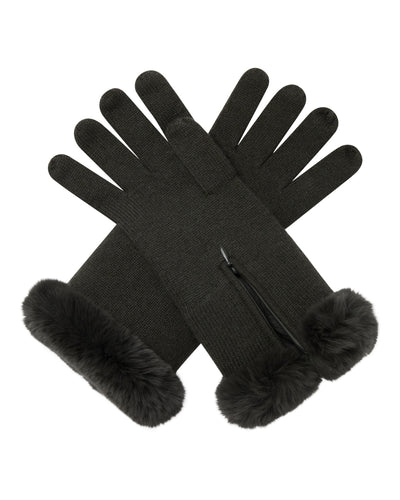 N.Peal Women's Fur Trim Cashmere Gloves Arabica Khaki Green
