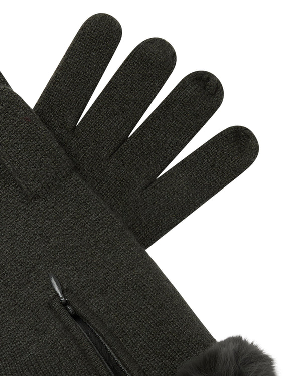 N.Peal Women's Fur Trim Cashmere Gloves Arabica Khaki Green