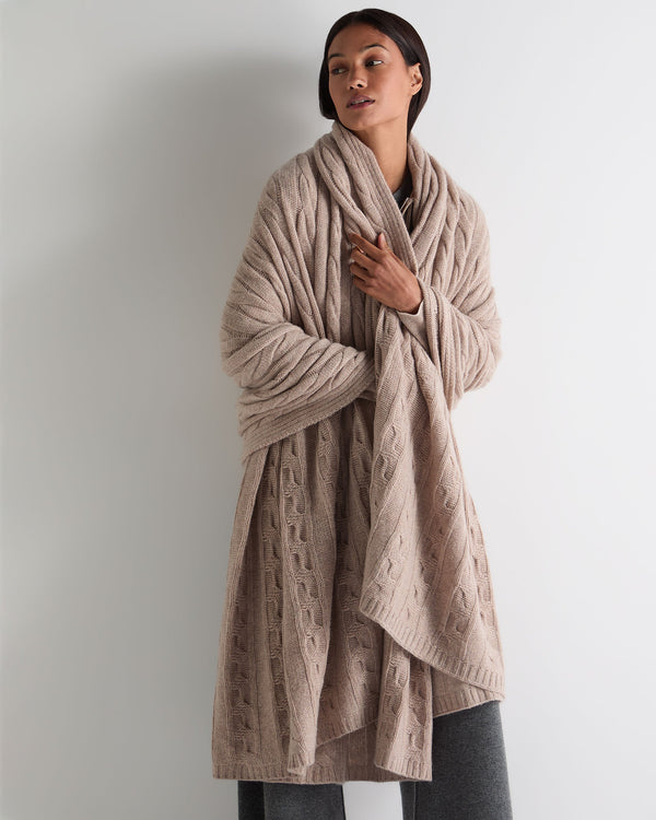 N.Peal Unisex Cable Cashmere Throw Oatmeal Brown