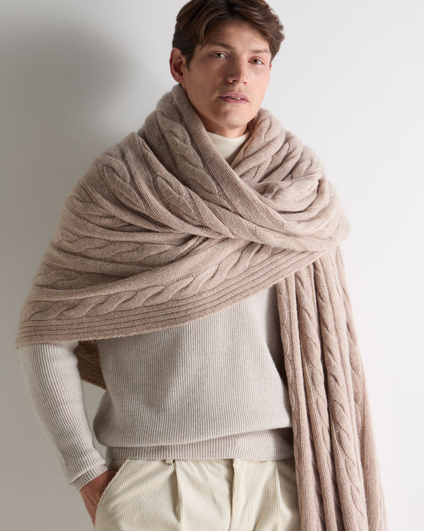 N.Peal Unisex Cable Cashmere Throw Oatmeal Brown