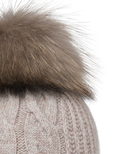 N.Peal Unisex Chunky Cable Cashmere Pom Hat Basilica Beige Brown Marl