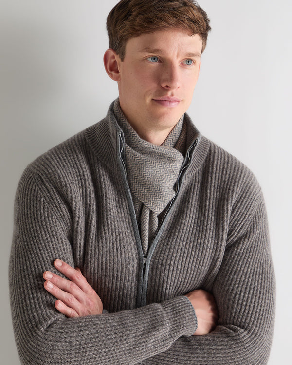 N.Peal Men's Herringbone Cashmere Scarf Oatmeal Brown