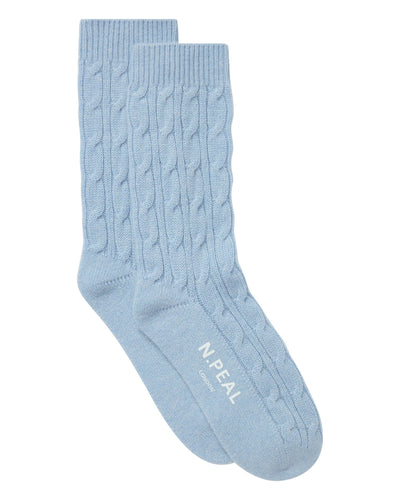 N.Peal Women's Cable Cashmere House Socks Sea Mist Blue