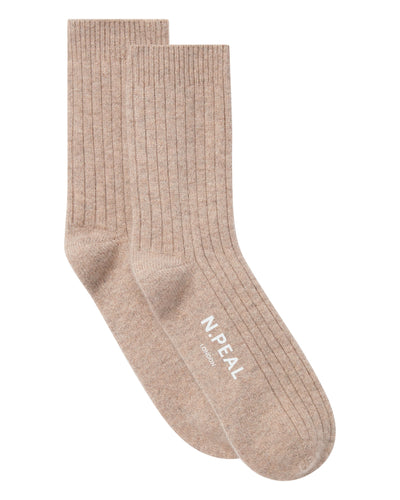 N.Peal Men's Rib Cashmere House Socks Oatmeal Brown