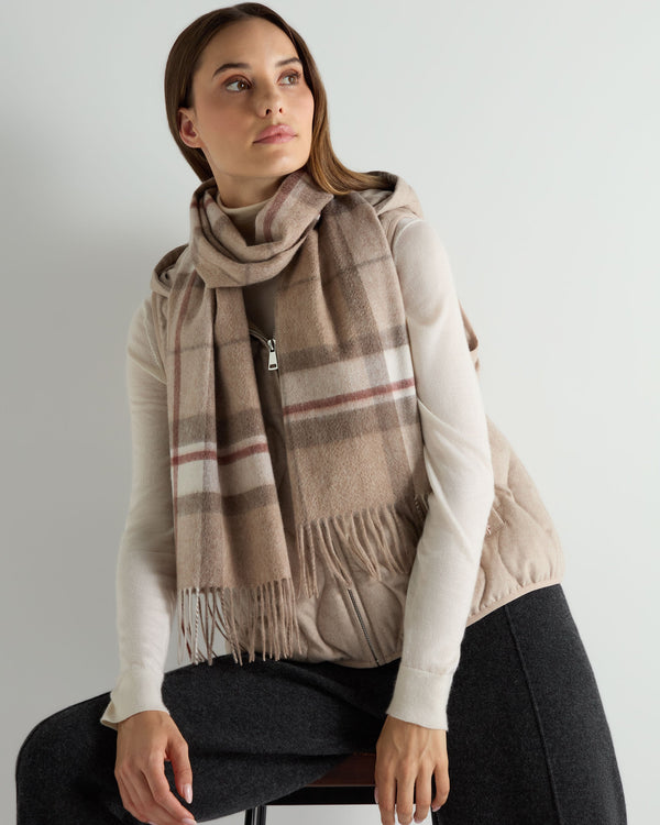 N.Peal Unisex Cashmere Check Scarf Camel + Sand