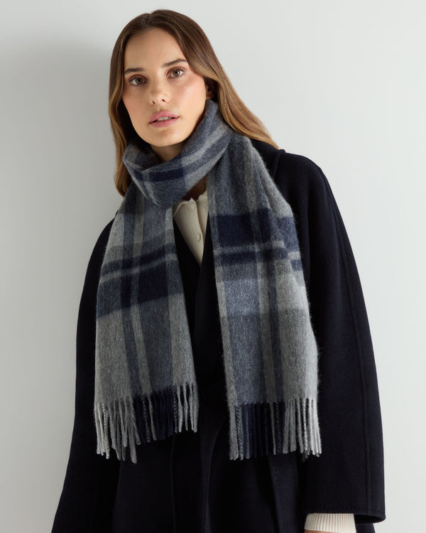 N.Peal Unisex Cashmere Check Scarf Grey + Navy