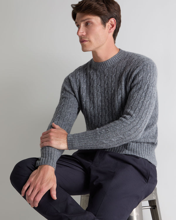 N.Peal Men's Thames Cable Round Neck Cashmere Jumper Grey Melange