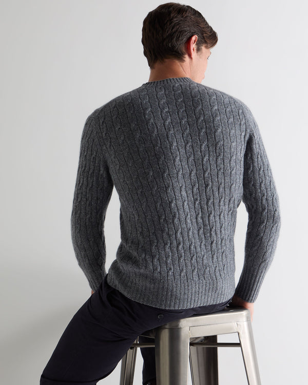 N.Peal Men's Thames Cable Round Neck Cashmere Jumper Grey Melange