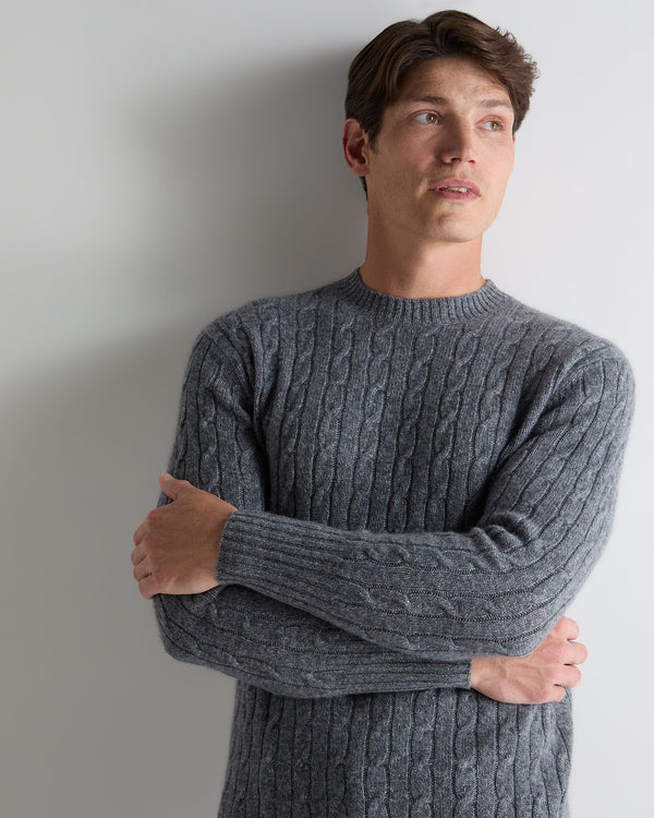 N.Peal Men's Thames Cable Round Neck Cashmere Jumper Grey Melange