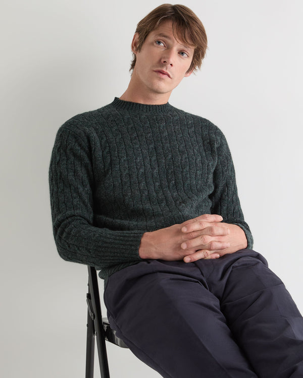 N.Peal Men's Thames Cable Round Neck Cashmere Jumper Green Melange