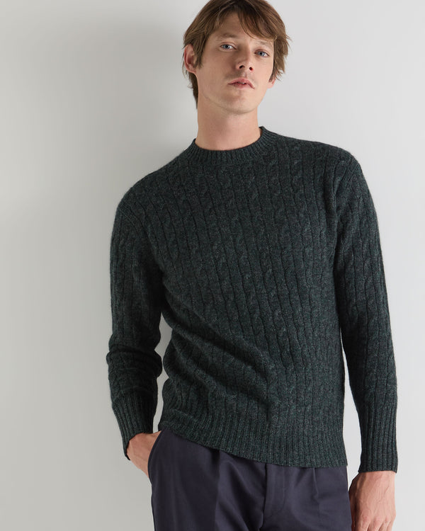 N.Peal Men's Thames Cable Round Neck Cashmere Jumper Green Melange