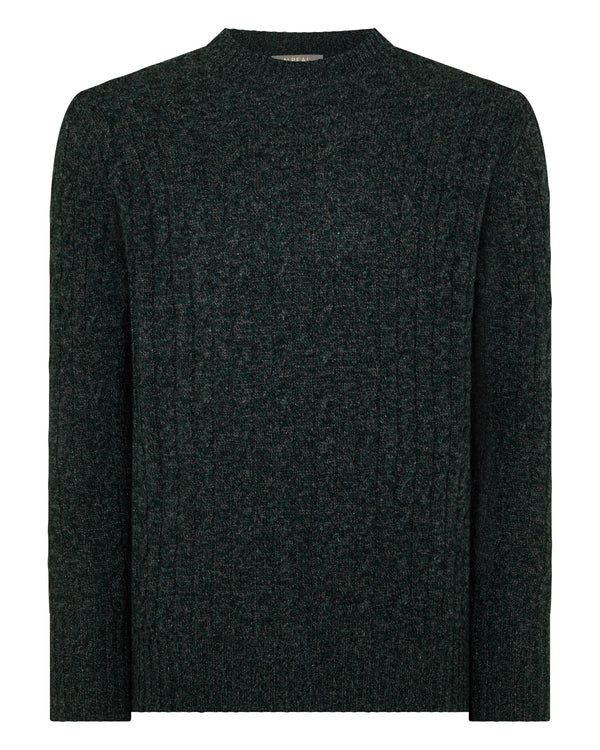 N.Peal Men's Thames Cable Round Neck Cashmere Jumper Green Melange