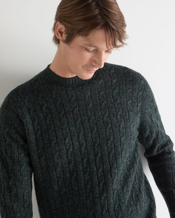 N.Peal Men's Thames Cable Round Neck Cashmere Jumper Green Melange