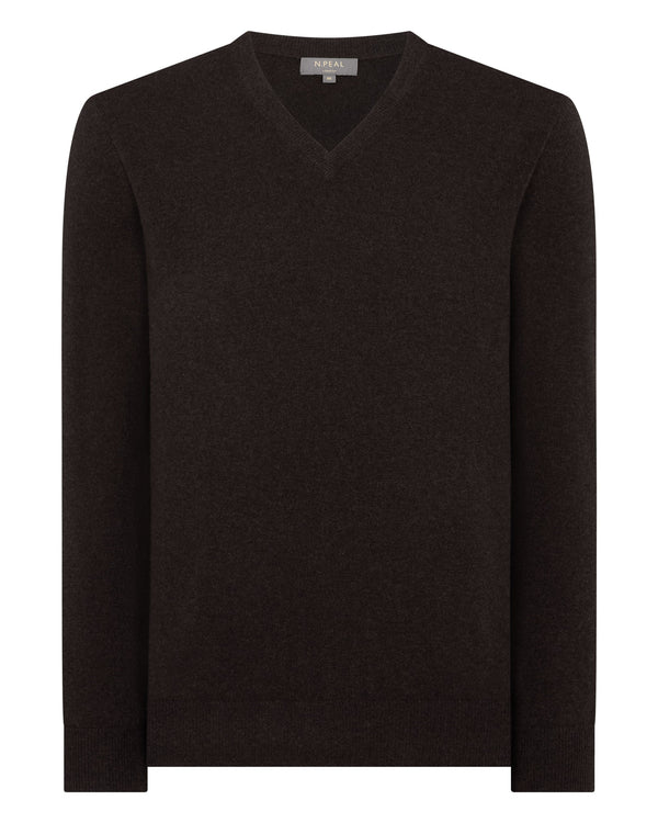 N.Peal Men's Burlington V Neck Cashmere Jumper Chocolate Brown
