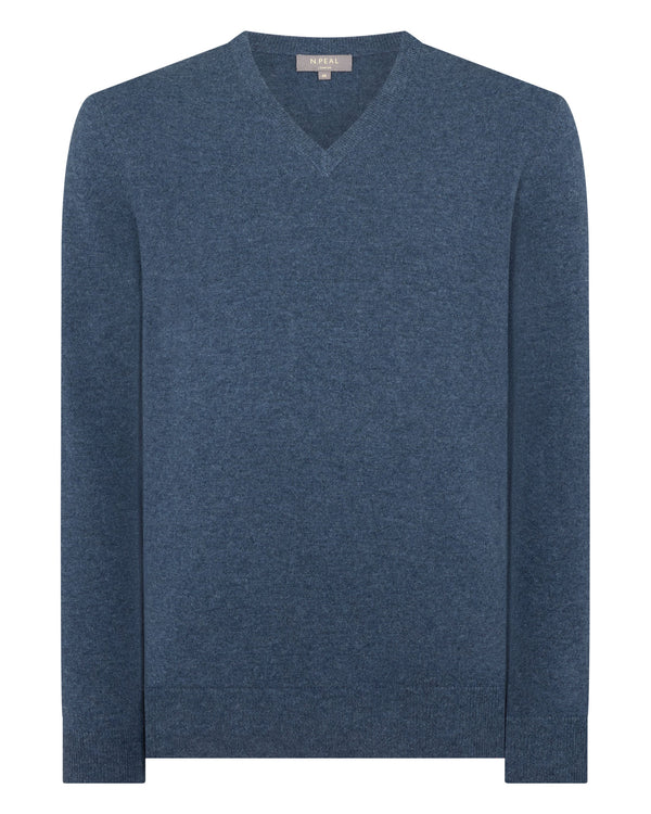 N.Peal Men's Burlington V Neck Cashmere Jumper Light Denim Blue