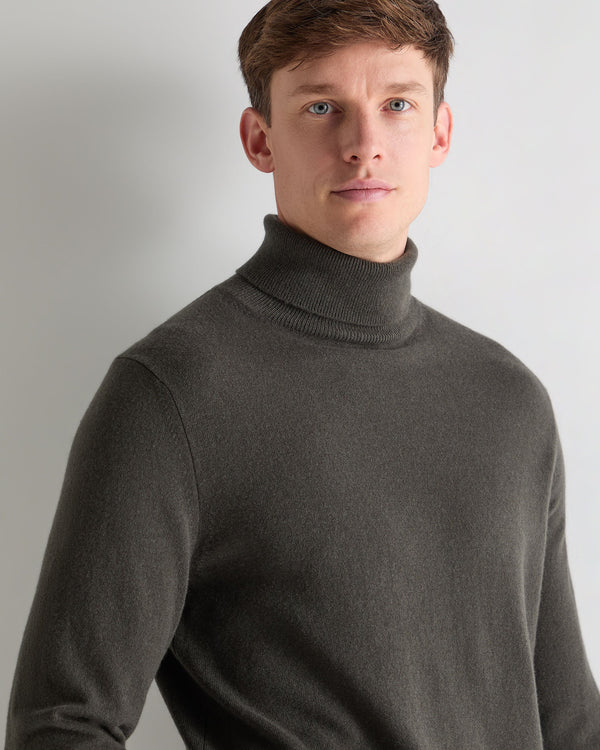 N.Peal Men's Trafalgar Roll Neck Cashmere Jumper Arabica Khaki Green