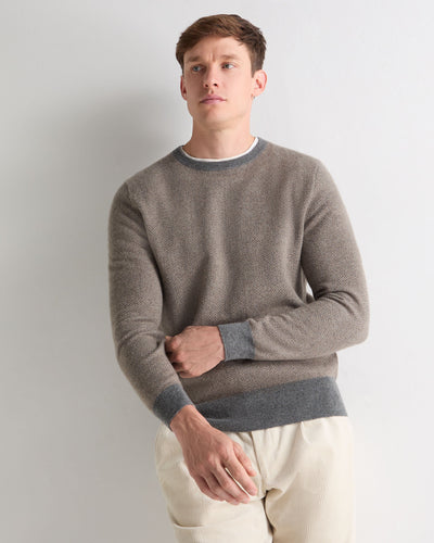 N.Peal Men's Oxford Herringbone Round Neck Cashmere Jumper Smoky Herringbone Grey