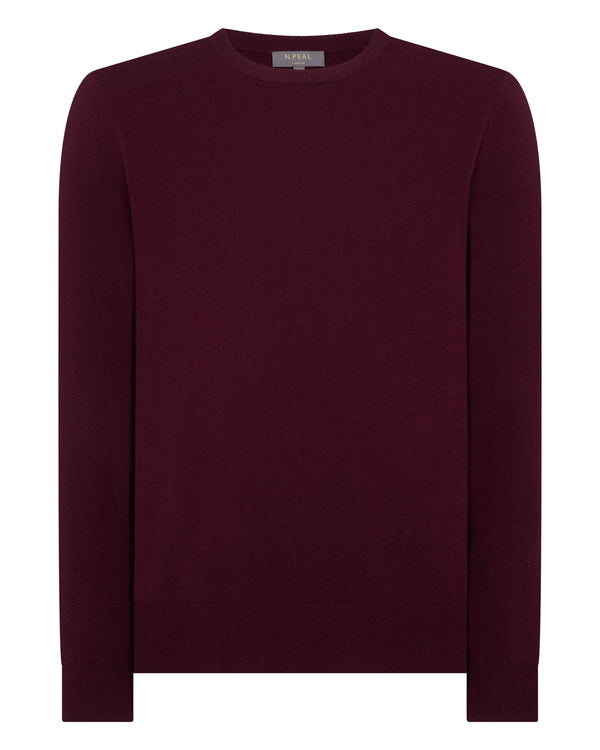 N.Peal Men's Oxford Round Neck Cashmere Jumper Bordeaux Red