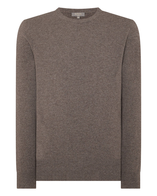 N.Peal Men's Oxford Round Neck Cashmere Jumper Otter Brown