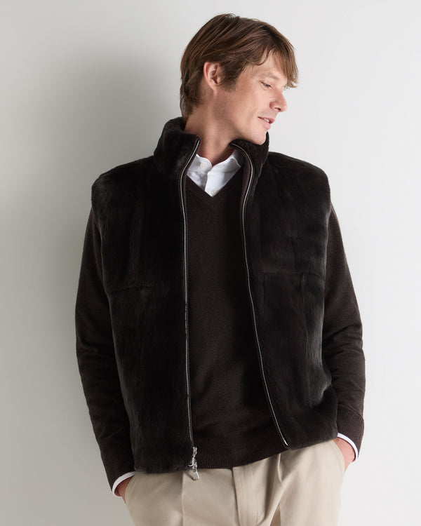 N.Peal Men's Vermont Fur Lined Gilet Chocolate Brown