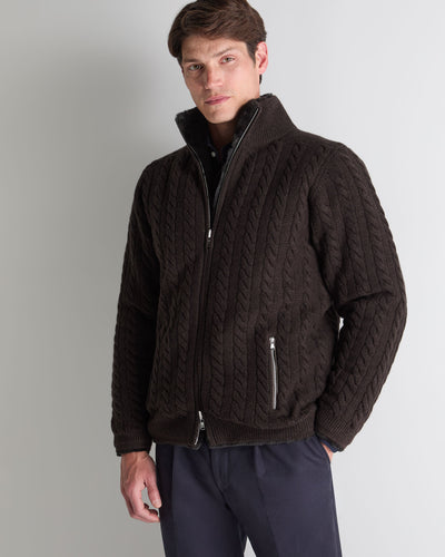 N.Peal Men's Aspen Cashmere Cable Fur Cardigan Chocolate Brown