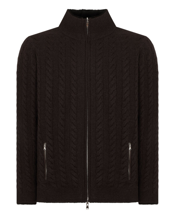 N.Peal Men's Aspen Cashmere Cable Fur Cardigan Chocolate Brown