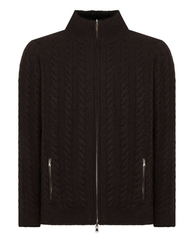 N.Peal Men's Aspen Cashmere Cable Fur Cardigan Chocolate Brown