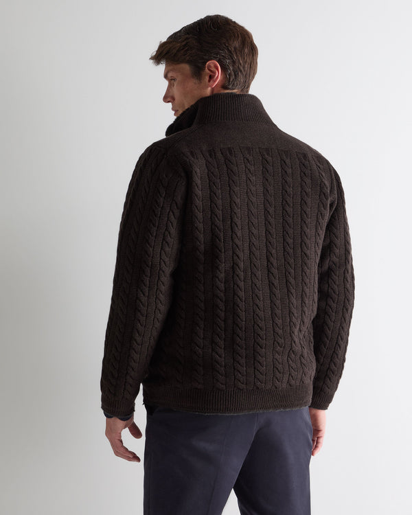 N.Peal Men's Aspen Cashmere Cable Fur Cardigan Chocolate Brown