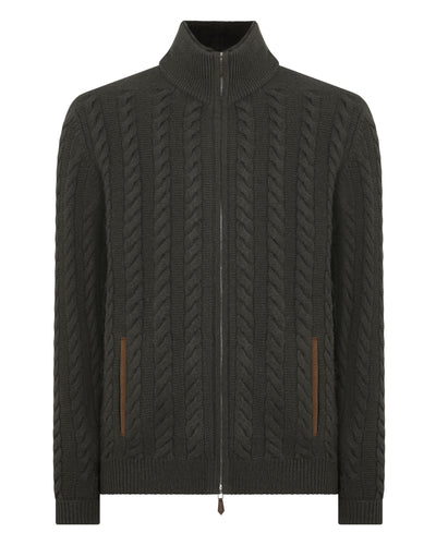 N.Peal Men's Richmond Cable Cashmere Cardigan Arabica Khaki Green