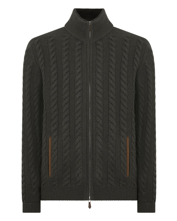 N.Peal Men's Richmond Cable Cashmere Cardigan Arabica Khaki Green