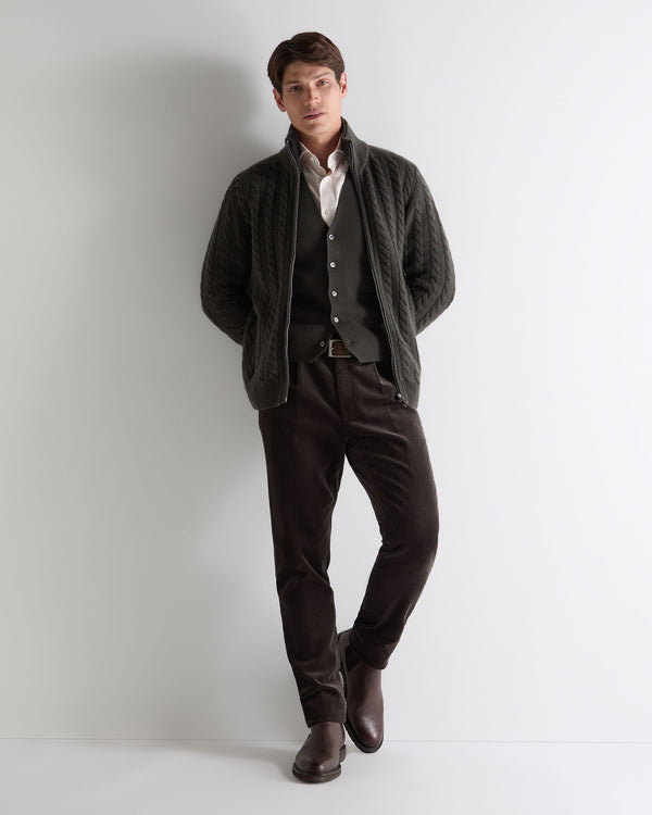 N.Peal Men's Richmond Cable Cashmere Cardigan Arabica Khaki Green