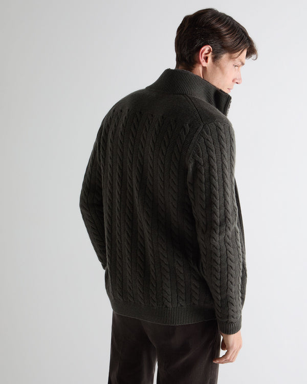 N.Peal Men's Richmond Cable Cashmere Cardigan Arabica Khaki Green