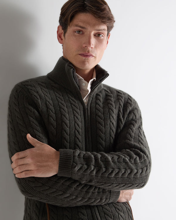 N.Peal Men's Richmond Cable Cashmere Cardigan Arabica Khaki Green