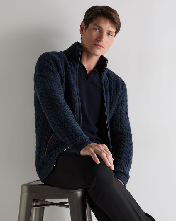N.Peal Men's Richmond Cable Cashmere Cardigan Indigo Blue