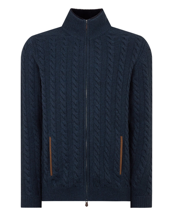 N.Peal Men's Richmond Cable Cashmere Cardigan Indigo Blue
