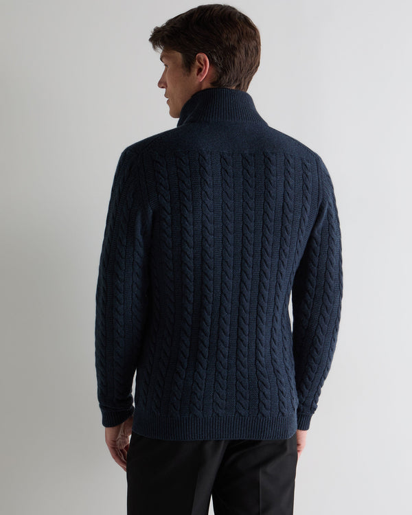 N.Peal Men's Richmond Cable Cashmere Cardigan Indigo Blue