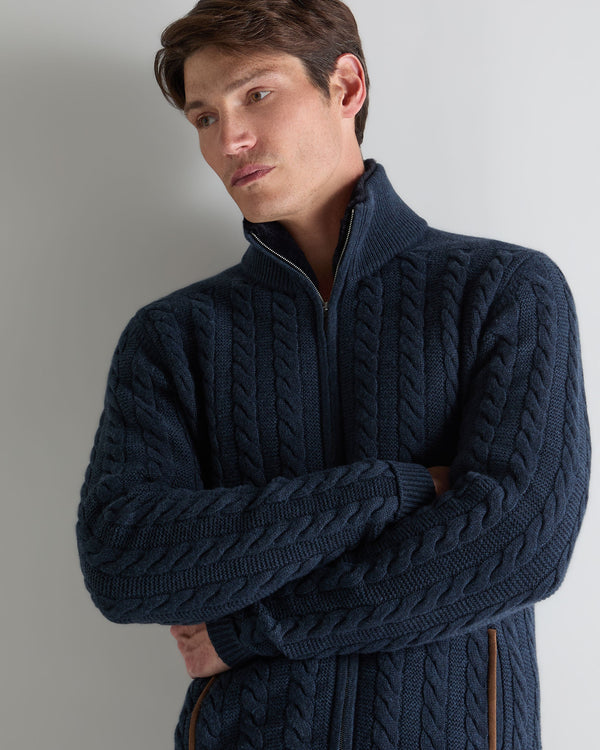 N.Peal Men's Richmond Cable Cashmere Cardigan Indigo Blue