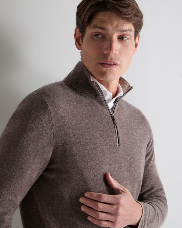 N.Peal Men's Carnaby Half Zip Cashmere Jumper Otter Brown