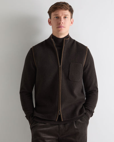 N.Peal Men's Shaftesbury Suede Trim Cashmere Gilet Chocolate Brown