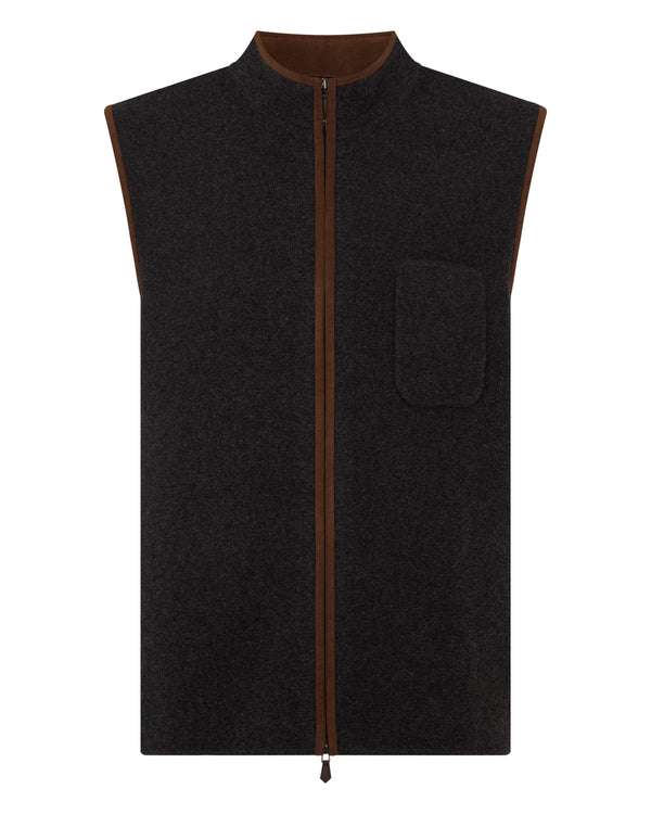 N.Peal Men's Shaftesbury Suede Trim Cashmere Gilet Deep Charcoal Grey