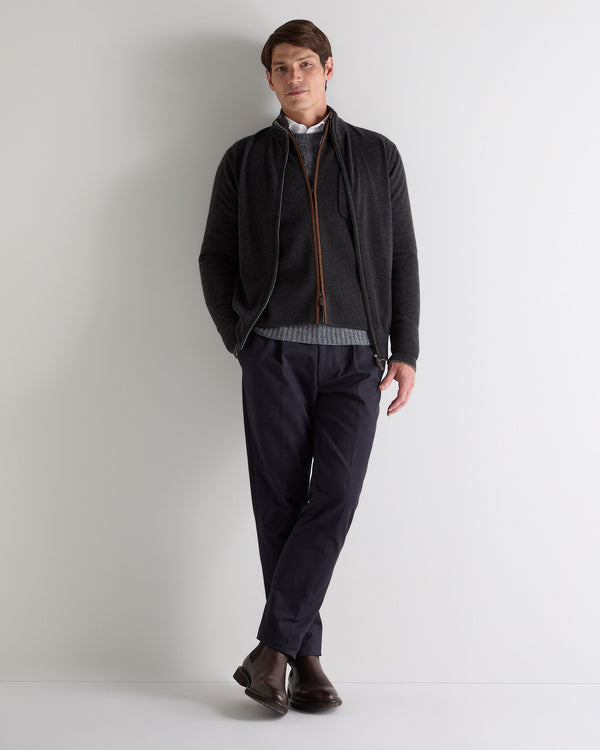 N.Peal Men's Shaftesbury Suede Trim Cashmere Gilet Deep Charcoal Grey