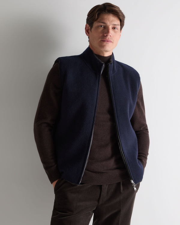 N.Peal Men's Shaftsbury Suede Trim Cashmere Gilet Navy Blue