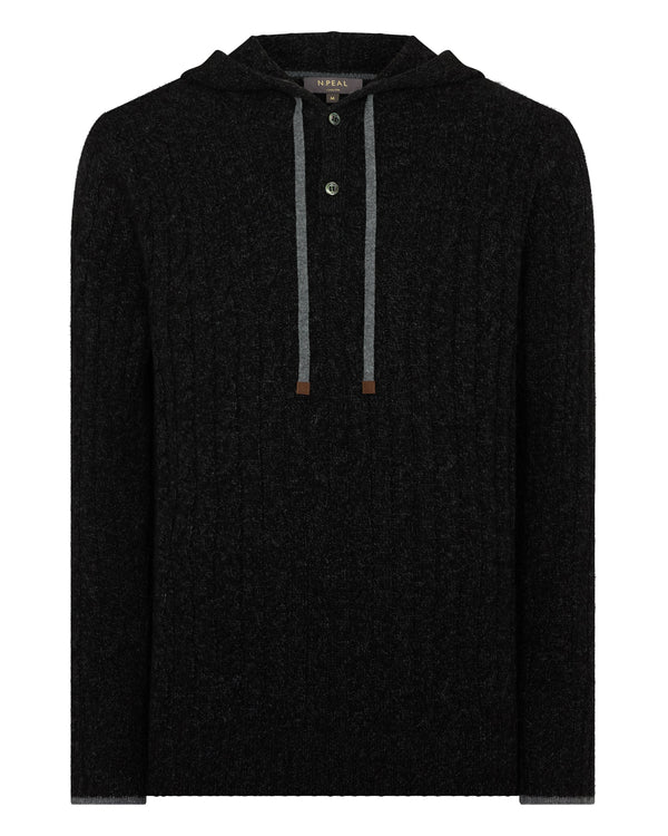N.Peal Men's Fitzrovia Cable Cashmere Hoodie Charcoal Grey Melange