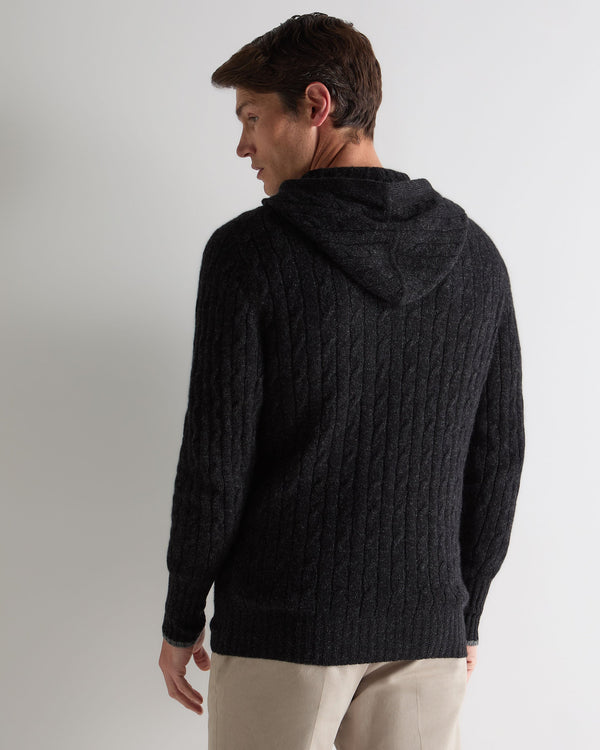 N.Peal Men's Fitzrovia Cable Cashmere Hoodie Charcoal Grey Melange