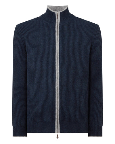 N.Peal Men's Lambeth Rib Full Zip Cashmere Cardigan Indigo Blue