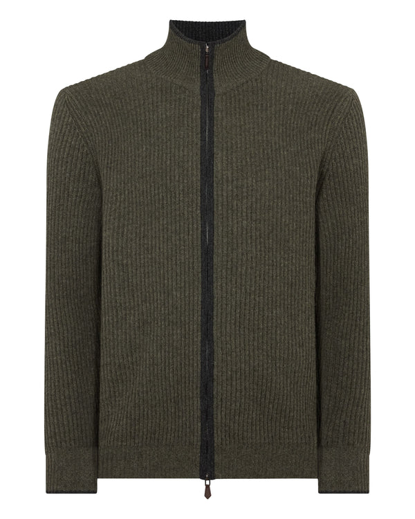 N.Peal Men's Lambeth Rib Full Zip Cashmere Cardigan Moss Green